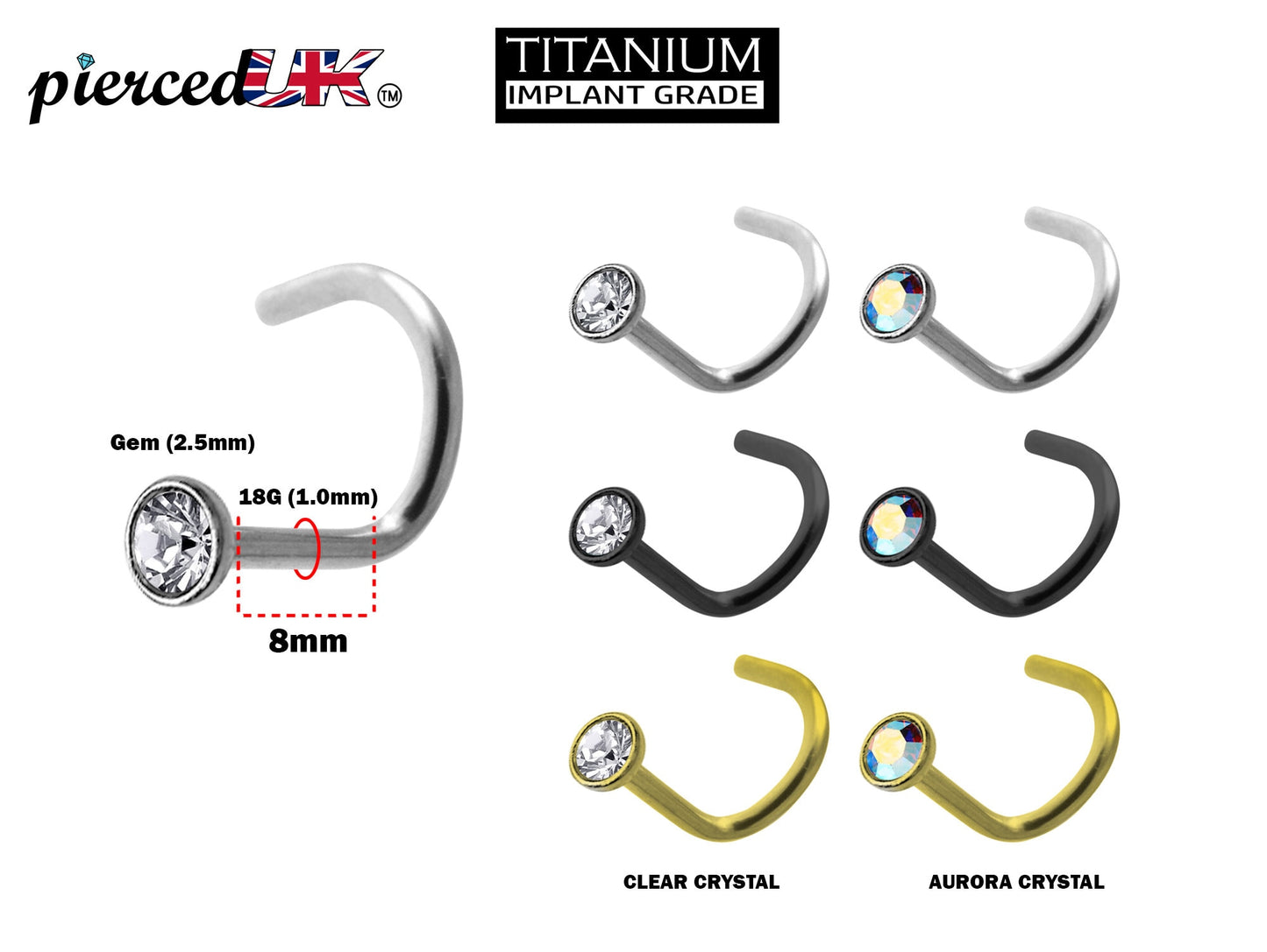 Titanium 18G Nose Studs, Nostril Screw Ring Black/Silver/Gold with Inlay Bezel Setting 2.5mm Crystal Nose Piercing, Nose Jewelry Length 8mm