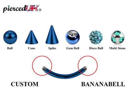 Teal Blue Curved Barbell, Daith Piercing – Custom Bent Barbell 18g 16g 14g Piercing for Belly, Vertical Labret and More