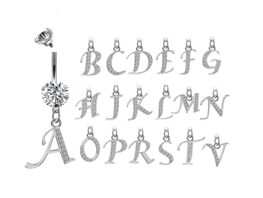 Initial Belly Button Rings - Alphabet Dangle Internally Threaded Belly Bar Letter A-Z - Navel Ring length is 10mm - thickness is 14g (1.6mm)