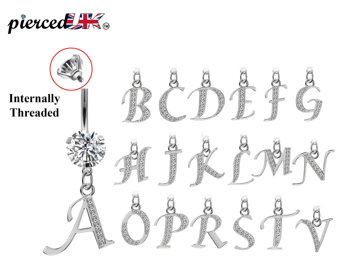 Initial Belly Button Rings - Alphabet Dangle Internally Threaded Belly Bar Letter A-Z - Navel Ring length is 10mm - thickness is 14g (1.6mm)
