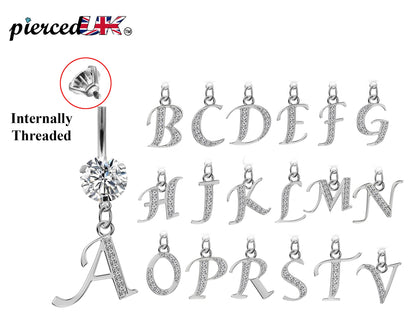 Initial Belly Button Rings - Alphabet Dangle Internally Threaded Belly Bar Letter A-Z - Navel Ring length is 10mm - thickness is 14g (1.6mm)