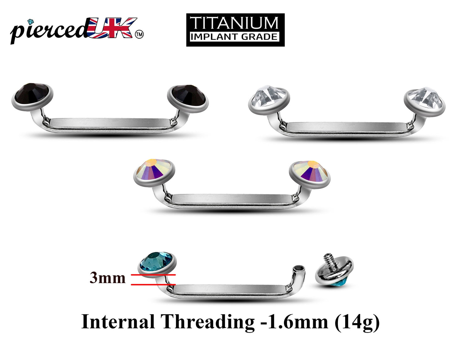 Titanium Flat Surface Piercing Jewelry, 14g Staple Barbell - Internally Threaded Dermal Bar with Pyramid Top Gem Crystal