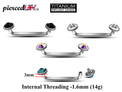 Titanium Flat Surface Piercing Jewelry, 14g Staple Barbell - Internally Threaded Dermal Bar with Pyramid Top Gem Crystal