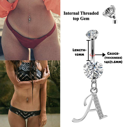 Initial Belly Button Rings - Alphabet Dangle Internally Threaded Belly Bar Letter A-Z - Navel Ring length is 10mm - thickness is 14g (1.6mm)