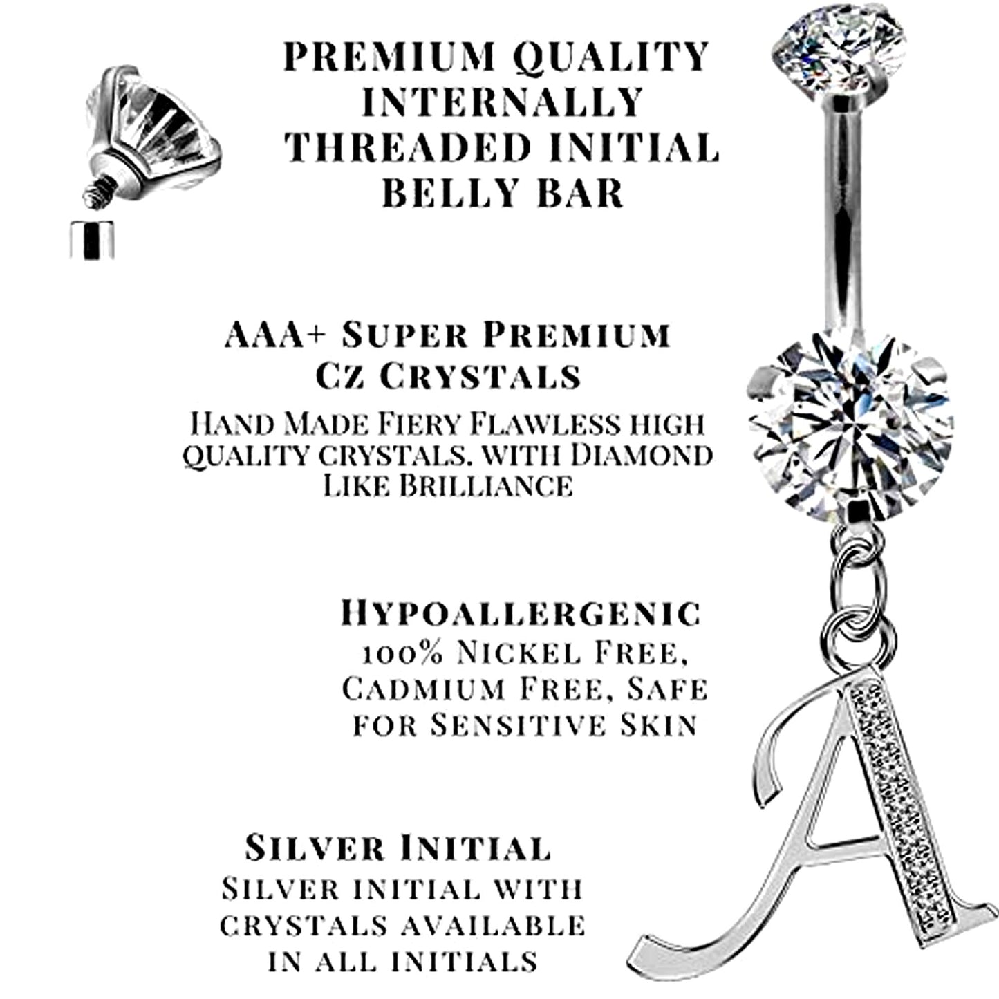 Initial Belly Button Rings - Alphabet Dangle Internally Threaded Belly Bar Letter A-Z - Navel Ring length is 10mm - thickness is 14g (1.6mm)