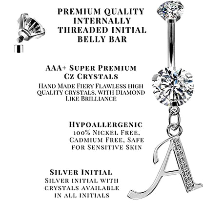 Initial Belly Button Rings - Alphabet Dangle Internally Threaded Belly Bar Letter A-Z - Navel Ring length is 10mm - thickness is 14g (1.6mm)