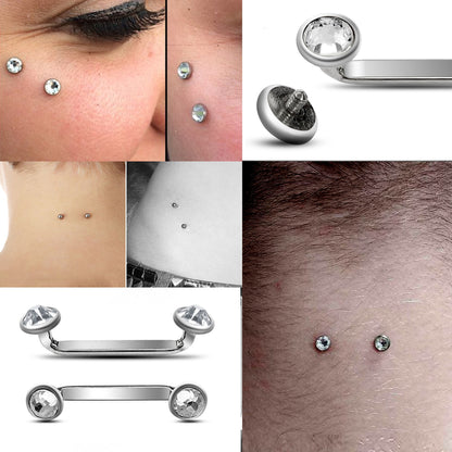 Titanium Flat Surface Piercing Jewelry, 14g Staple Barbell - Internally Threaded Dermal Bar with Pyramid Top Gem Crystal