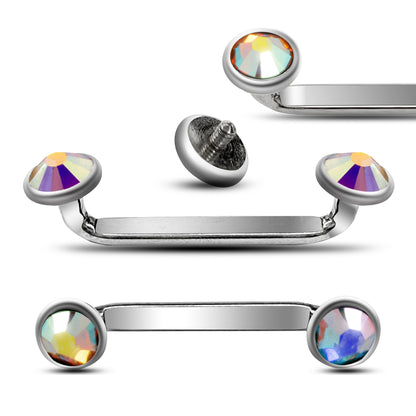 Titanium Flat Surface Piercing Jewelry, 14g Staple Barbell - Internally Threaded Dermal Bar with Pyramid Top Gem Crystal