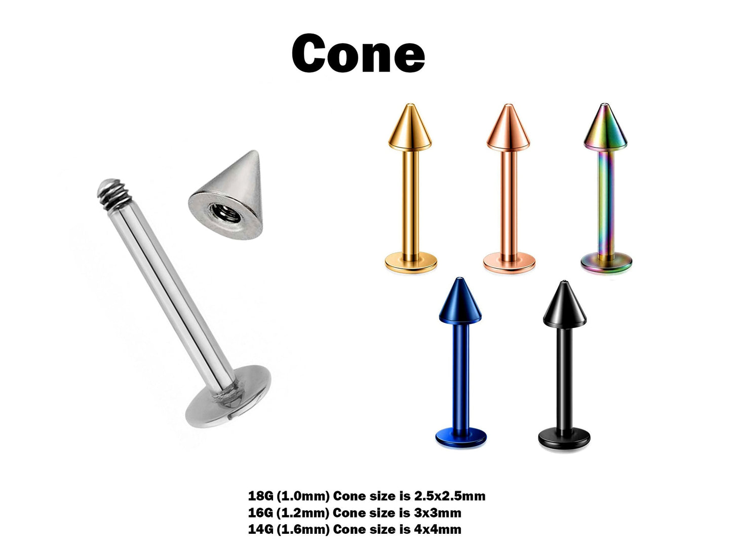 Titanium Spike Labret, Labret Stud – Labret Cone  Spike Piercing available in many Colours – 18g, 16g, 14g Labret Piercing for Lip.