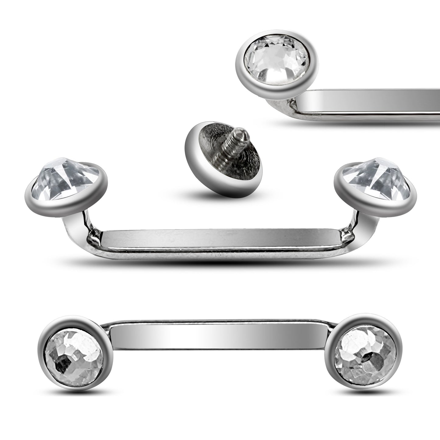 Titanium Flat Surface Piercing Jewelry, 14g Staple Barbell - Internally Threaded Dermal Bar with Pyramid Top Gem Crystal