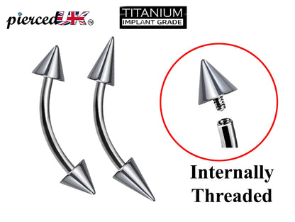 Titanium Curved barbell, Eyebrow Piercing – 16g 14g Spike / Cones Bent Barbell for Eyebrow Jewelry - Internally Threaded