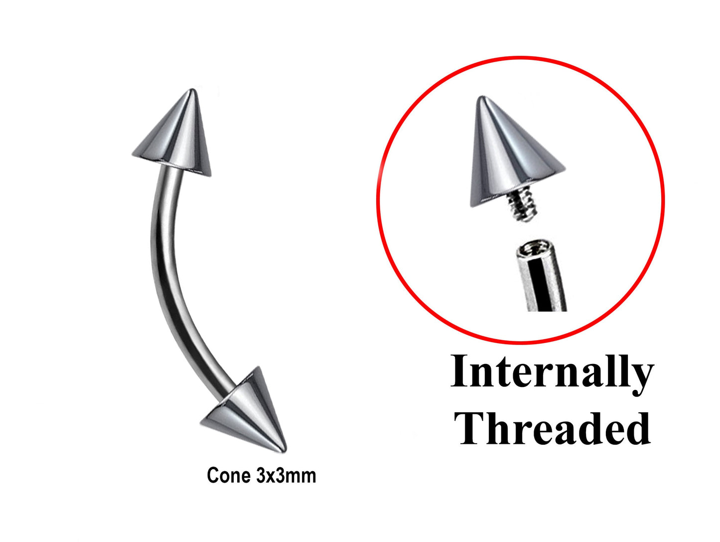 Titanium Curved barbell, Eyebrow Piercing – 16g 14g Spike / Cones Bent Barbell for Eyebrow Jewelry - Internally Threaded