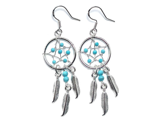 Handmade Silver Dreamcatcher Earrings with Genuine Turquoise, Coral, Onyx & Lapis Beads – Dangle Hook Design
