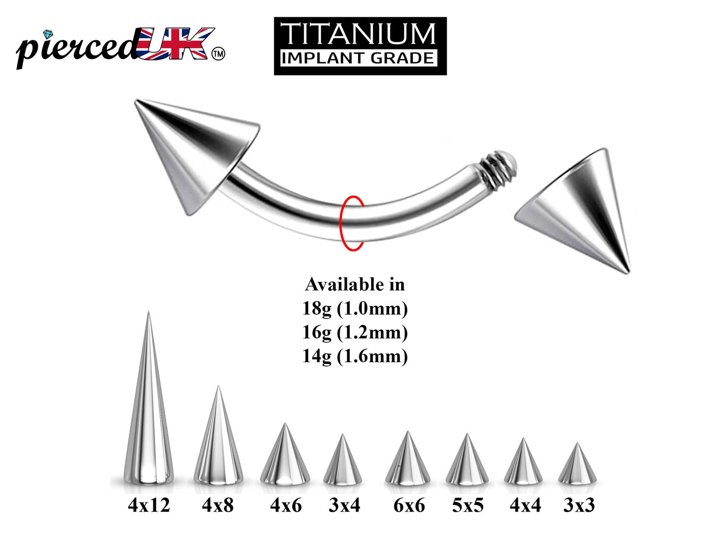 Curved Spike Barbell Piercing - Titanium Spike Cone -  18g, 16g, 14g - Piercing for Eyebrow piercing, Daith Earrings, Belly Ring, and More