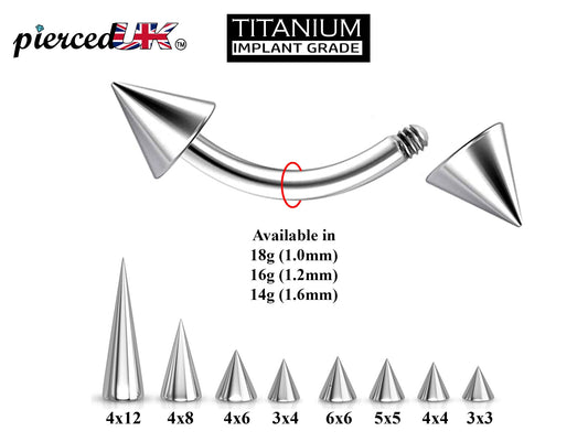 Curved Spike Barbell Piercing - Titanium Spike Cone -  18g, 16g, 14g - Piercing for Eyebrow piercing, Daith Earrings, Belly Ring, and More