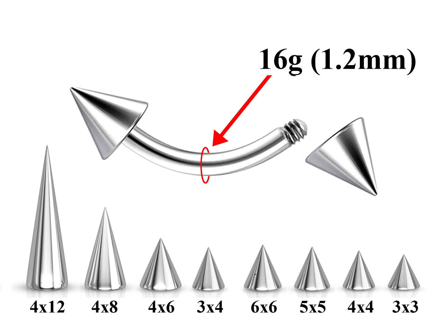 Curved Spike Barbell Piercing - Titanium Spike Cone -  18g, 16g, 14g - Piercing for Eyebrow piercing, Daith Earrings, Belly Ring, and More