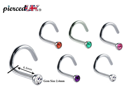 Nostril Screw Ring, Nose Studs - Curved Nose Ring for Nose Piercing - Size 16g (1.2mm) and CZ Gem Size is 2.4mm - Many Colours Available