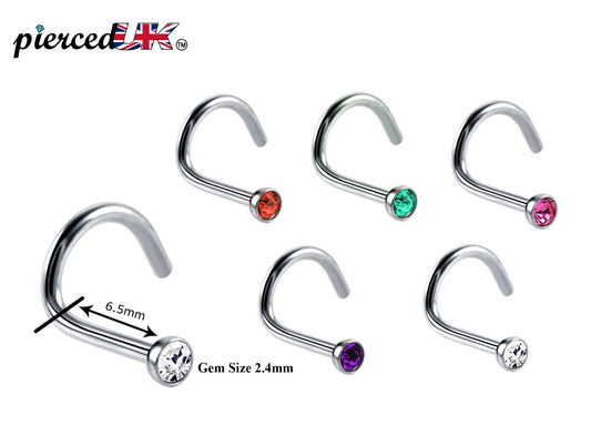 Nostril Screw Ring, Nose Studs - Curved Nose Ring for Nose Piercing - Size 16g (1.2mm) and CZ Gem Size is 2.4mm - Many Colours Available