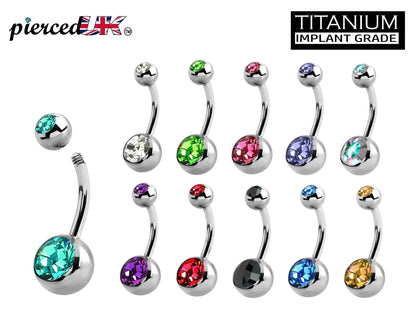 Titanium Navel Ring - Titanium Belly Bar Gem Stone Crystals- 14g (1.6mm) - Ideal Piercing for Navel Jewelry