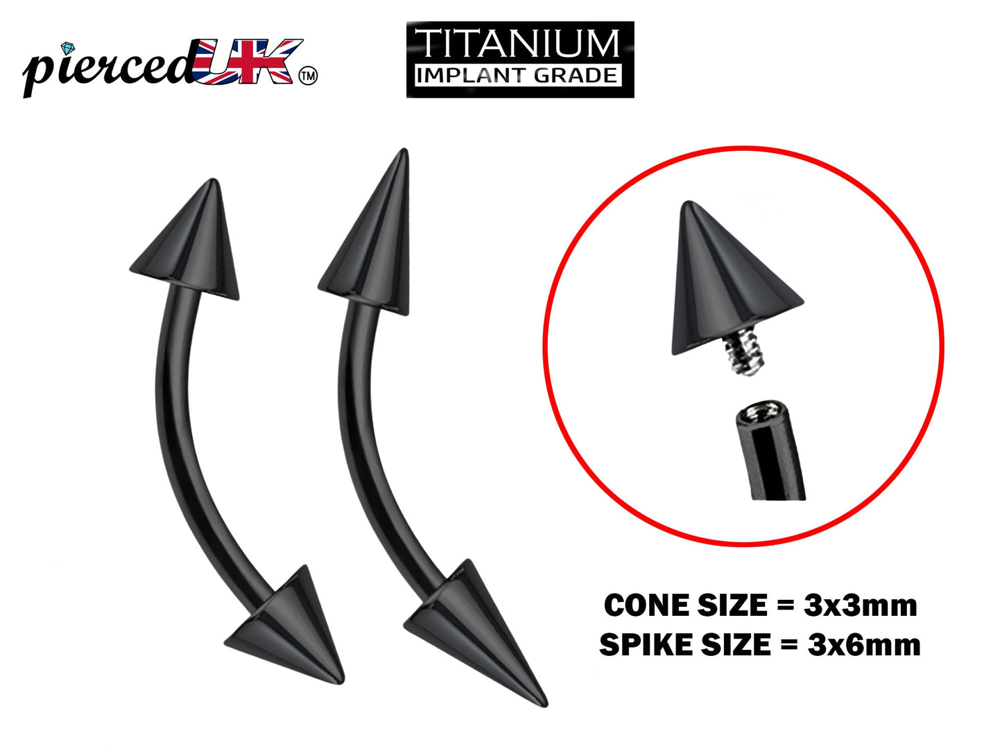 Titanium Black Curved barbell, Eyebrow Piercing – 16g 14g Spike / Cones Bent Barbell for Eyebrow Jewelry - Internally Threaded