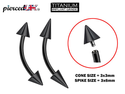 Titanium Black Curved barbell, Eyebrow Piercing – 16g 14g Spike / Cones Bent Barbell for Eyebrow Jewelry - Internally Threaded