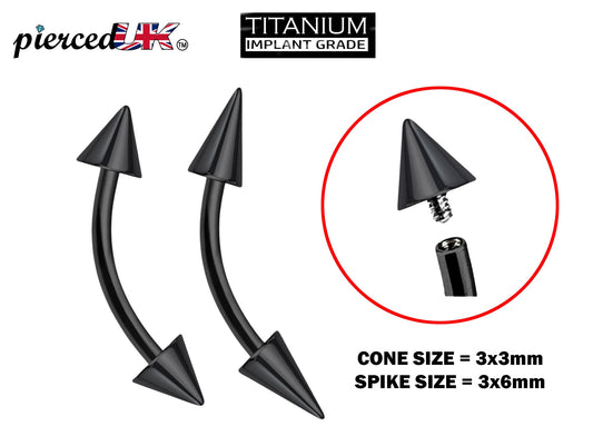 Titanium Black Curved barbell, Eyebrow Piercing – 16g 14g Spike / Cones Bent Barbell for Eyebrow Jewelry - Internally Threaded