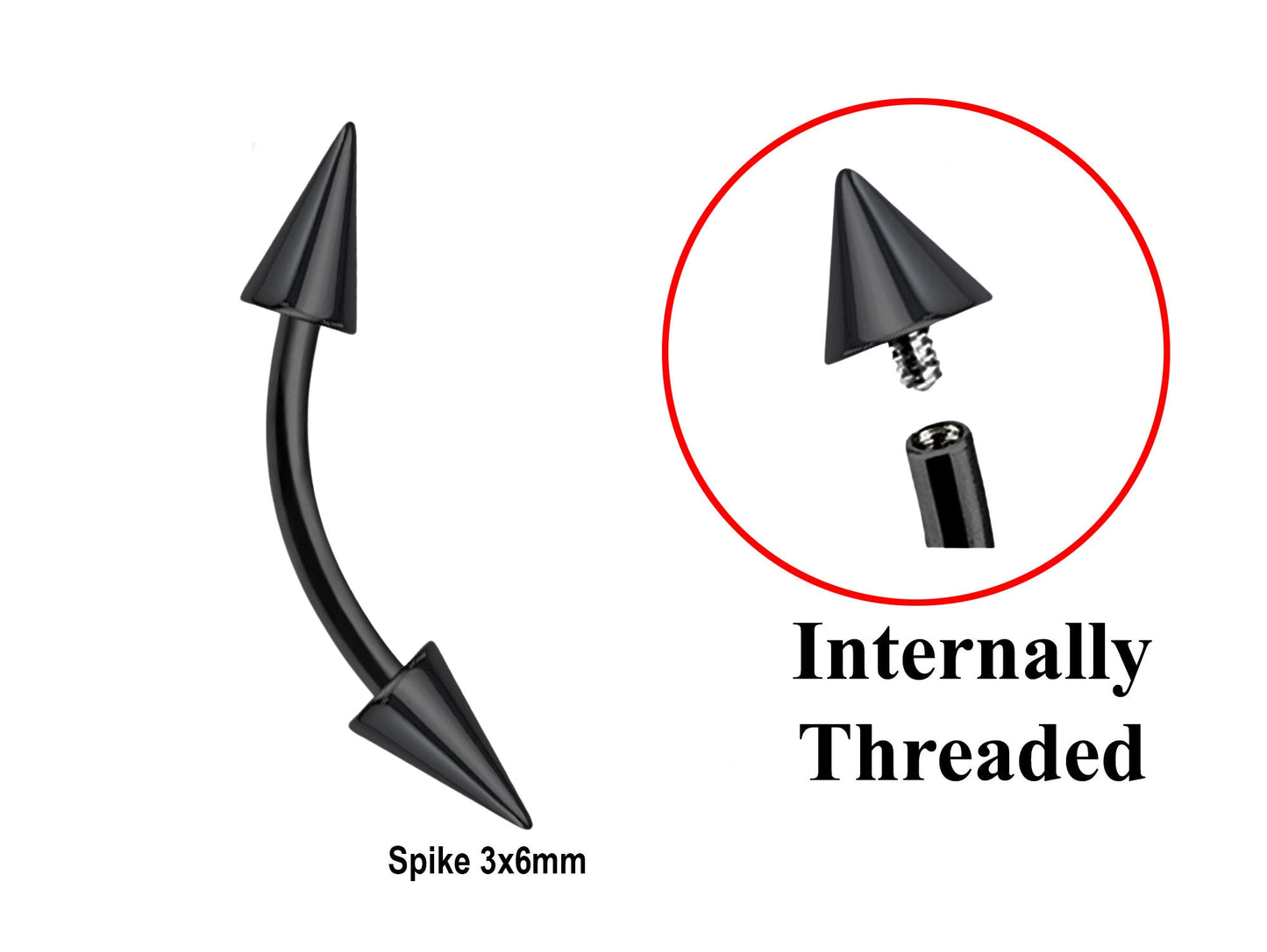 Titanium Black Curved barbell, Eyebrow Piercing – 16g 14g Spike / Cones Bent Barbell for Eyebrow Jewelry - Internally Threaded