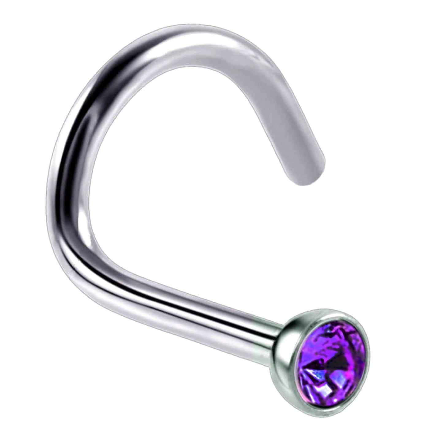 Nostril Screw Ring, Nose Studs - Curved Nose Ring for Nose Piercing - Size 16g (1.2mm) and CZ Gem Size is 2.4mm - Many Colours Available