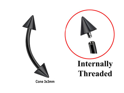 Titanium Black Curved barbell, Eyebrow Piercing – 16g 14g Spike / Cones Bent Barbell for Eyebrow Jewelry - Internally Threaded
