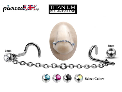 Titanium Nose Chain, Nostril Bridge Piercing - Nasallang Piercing  with Gem Ball Crystal - Nose Piercing, Nostril Chain - Hand Made
