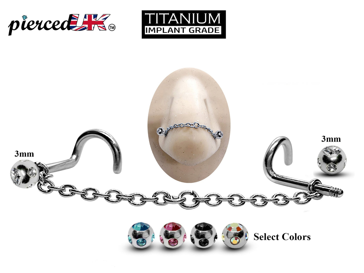 Titanium Nose Piercing, Nostril Chain Piercing - Nasallang Piercing  with Multi Crystal Ball - Nose Stud, Nostril Chain - Hand Made