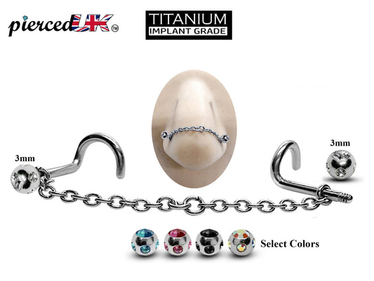 Titanium Nose Piercing, Nostril Chain Piercing - Nasallang Piercing  with Multi Crystal Ball - Nose Stud, Nostril Chain - Hand Made