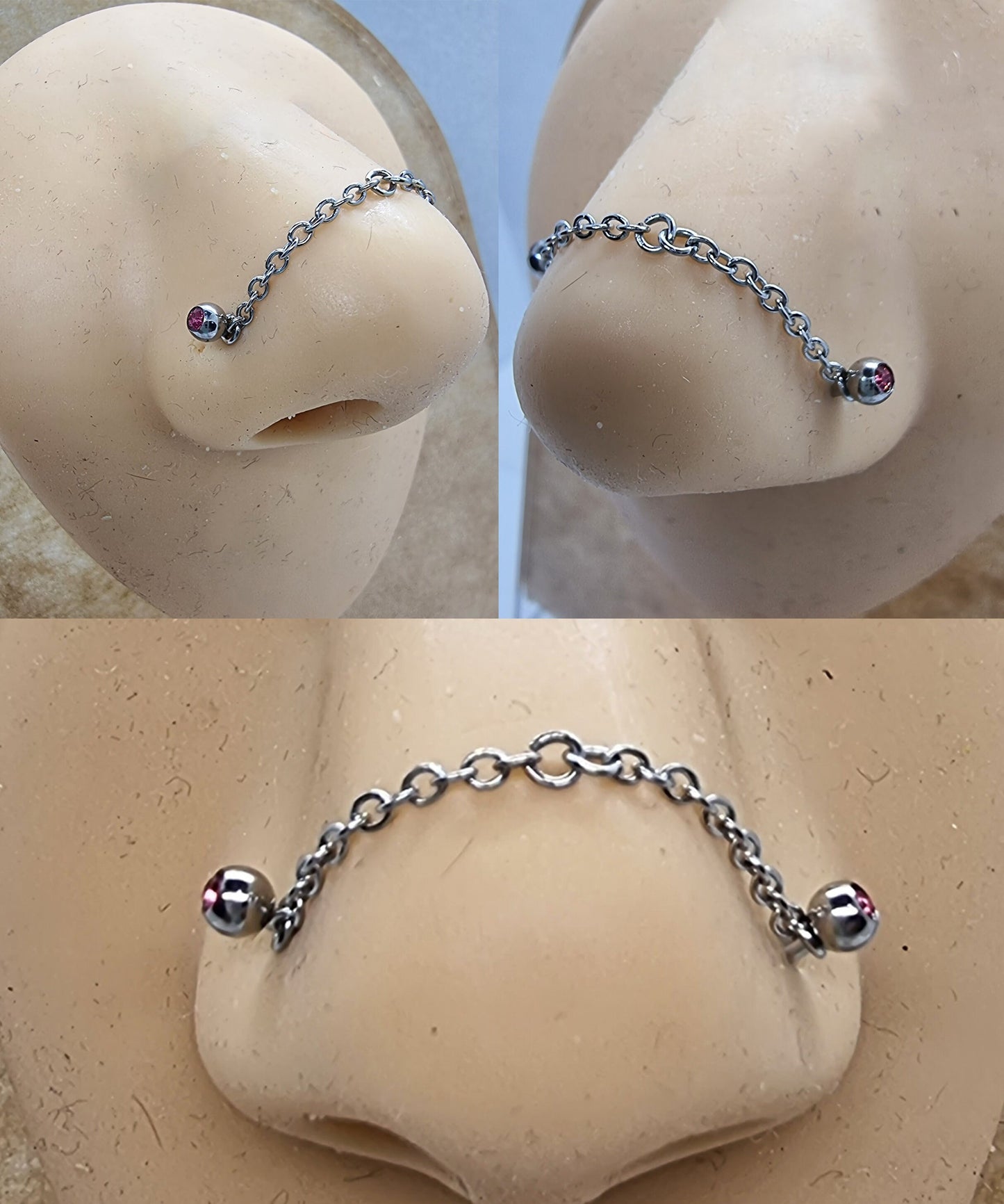 Titanium Nose Chain, Nostril Bridge Piercing - Nasallang Piercing  with Gem Ball Crystal - Nose Piercing, Nostril Chain - Hand Made