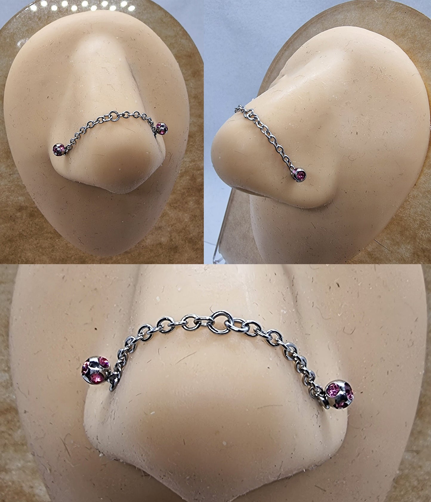 Titanium Nose Piercing, Nostril Chain Piercing - Nasallang Piercing  with Multi Crystal Ball - Nose Stud, Nostril Chain - Hand Made