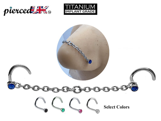Nostril Screw Piercing, Nose Chain Hand Made Custom Size - Titanium Nasallang Piercing  with CZ Crystals -Nose Piercing, Nose Bridge Chain