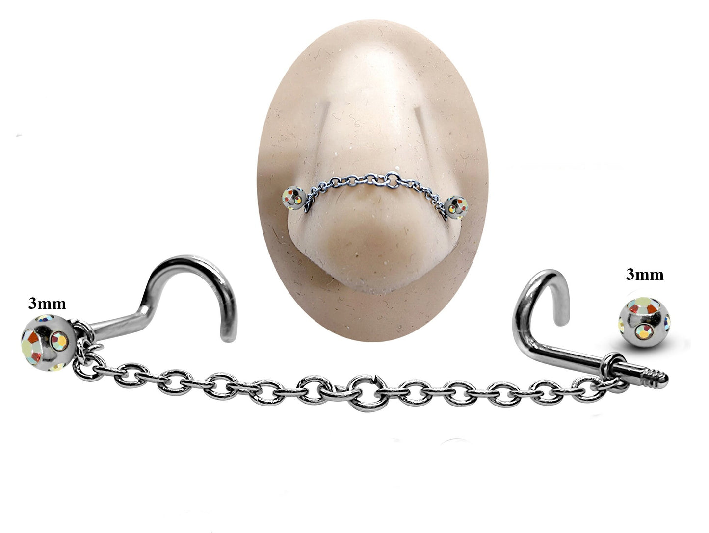 Titanium Nose Piercing, Nostril Chain Piercing - Nasallang Piercing  with Multi Crystal Ball - Nose Stud, Nostril Chain - Hand Made