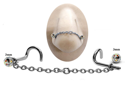 Titanium Nose Piercing, Nostril Chain Piercing - Nasallang Piercing  with Multi Crystal Ball - Nose Stud, Nostril Chain - Hand Made