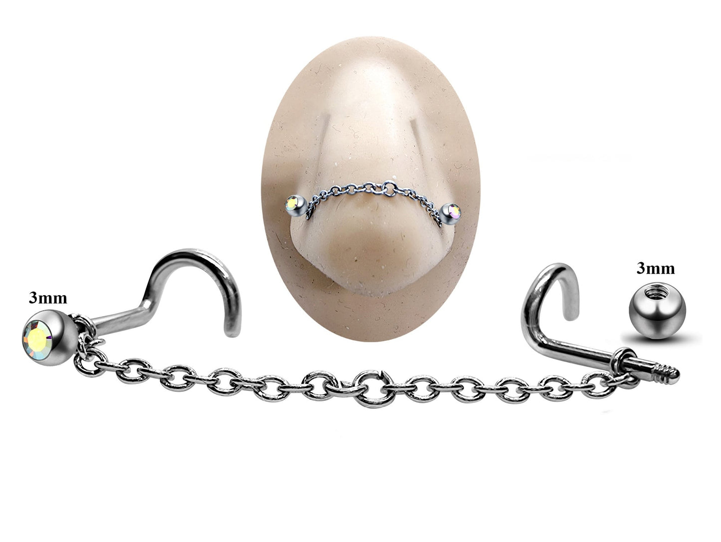 Titanium Nose Chain, Nostril Bridge Piercing - Nasallang Piercing  with Gem Ball Crystal - Nose Piercing, Nostril Chain - Hand Made