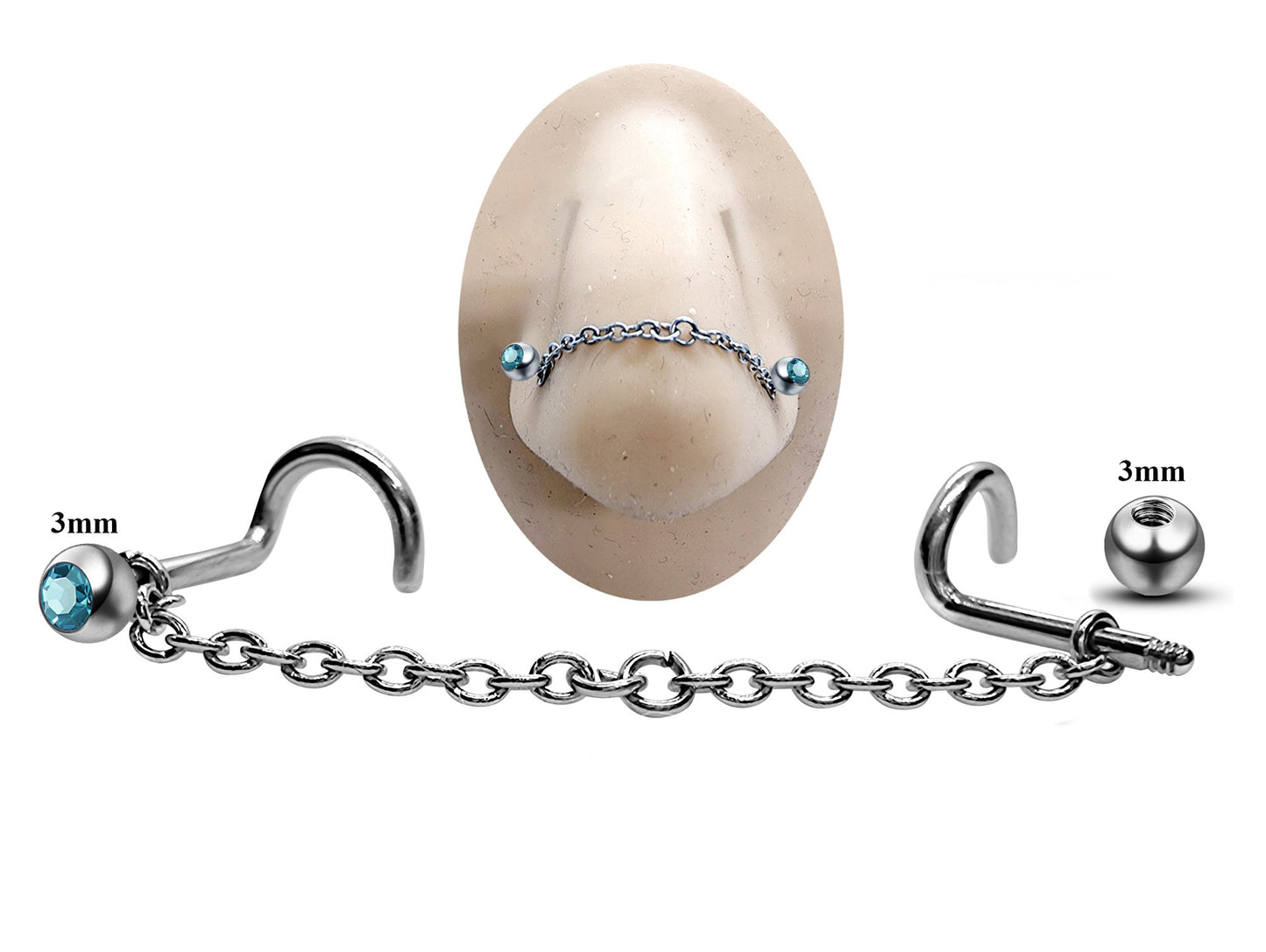 Titanium Nose Chain, Nostril Bridge Piercing - Nasallang Piercing  with Gem Ball Crystal - Nose Piercing, Nostril Chain - Hand Made
