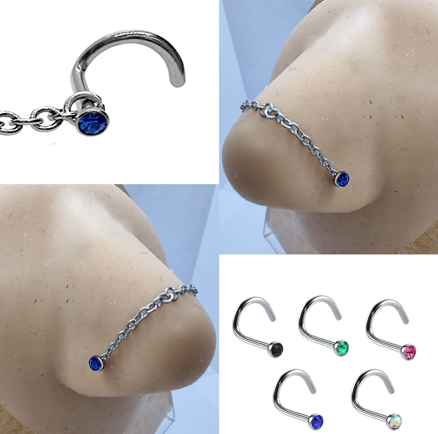 Nostril Screw Piercing, Nose Chain Hand Made Custom Size - Titanium Nasallang Piercing  with CZ Crystals -Nose Piercing, Nose Bridge Chain