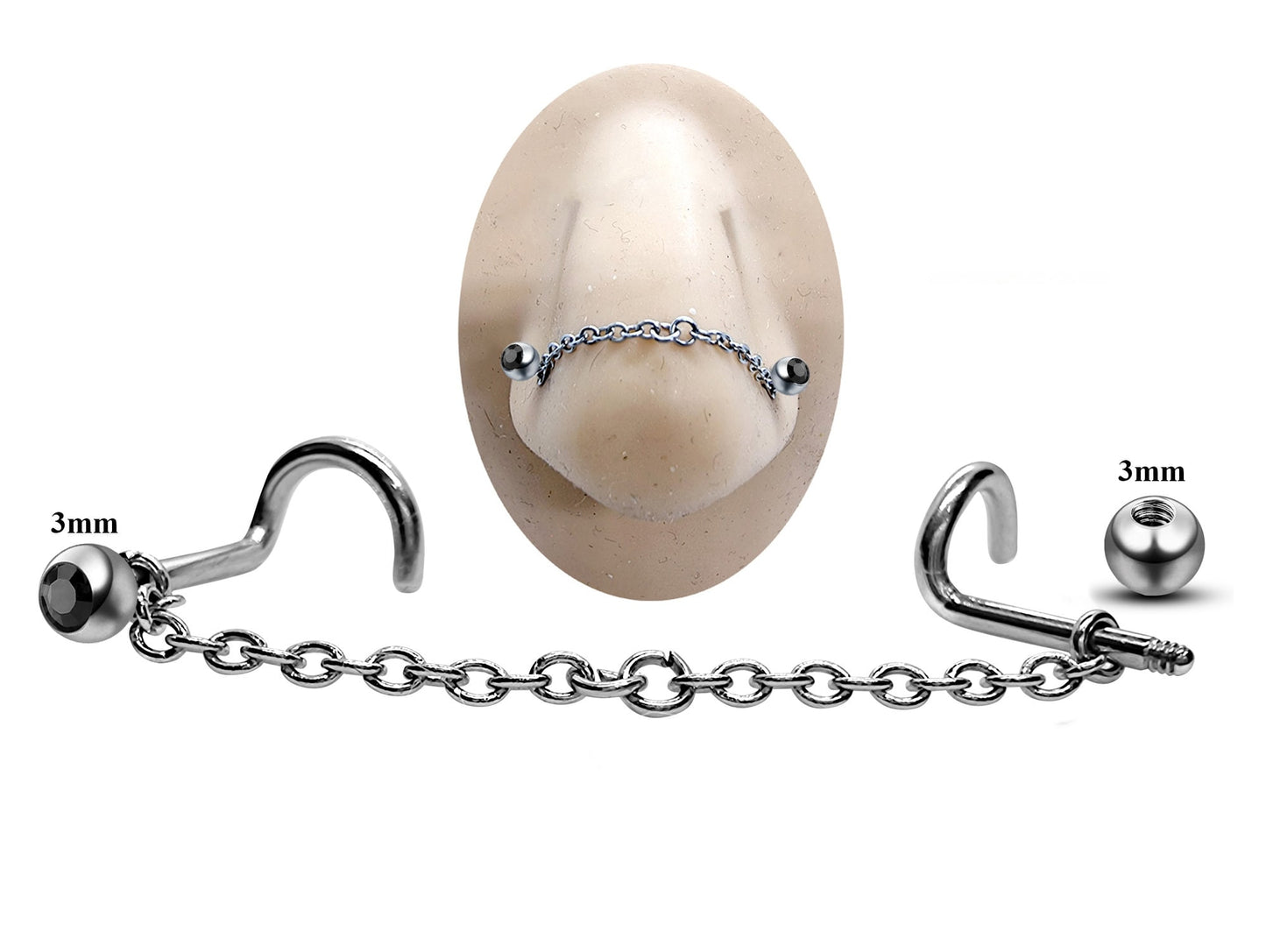 Titanium Nose Chain, Nostril Bridge Piercing - Nasallang Piercing  with Gem Ball Crystal - Nose Piercing, Nostril Chain - Hand Made
