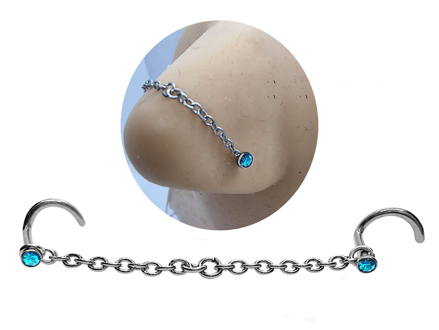 Nostril Screw Piercing, Nose Chain Hand Made Custom Size - Titanium Nasallang Piercing  with CZ Crystals -Nose Piercing, Nose Bridge Chain