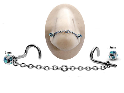 Titanium Nose Piercing, Nostril Chain Piercing - Nasallang Piercing  with Multi Crystal Ball - Nose Stud, Nostril Chain - Hand Made