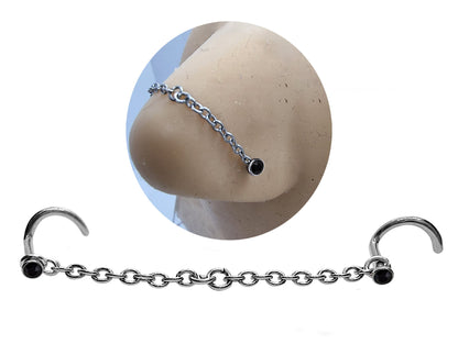 Nostril Screw Piercing, Nose Chain Hand Made Custom Size - Titanium Nasallang Piercing  with CZ Crystals -Nose Piercing, Nose Bridge Chain