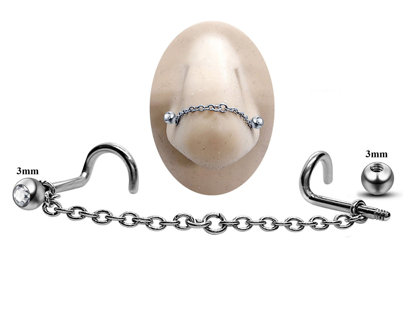Titanium Nose Chain, Nostril Bridge Piercing - Nasallang Piercing  with Gem Ball Crystal - Nose Piercing, Nostril Chain - Hand Made