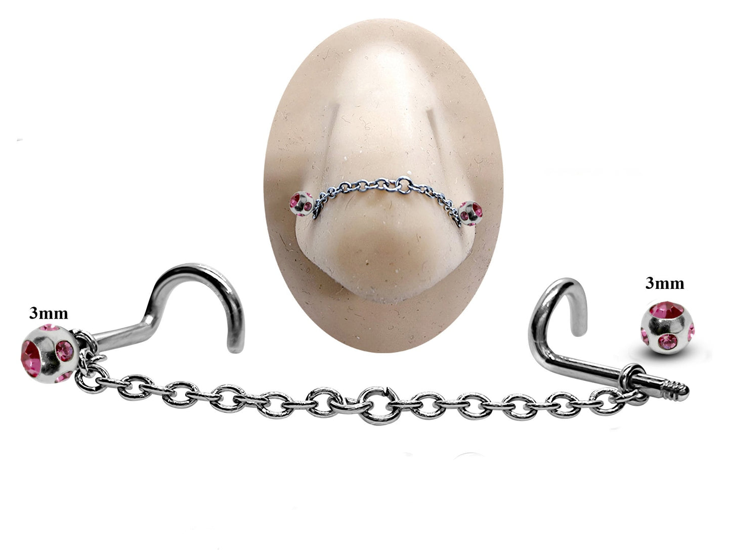 Titanium Nose Piercing, Nostril Chain Piercing - Nasallang Piercing  with Multi Crystal Ball - Nose Stud, Nostril Chain - Hand Made