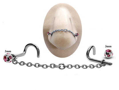 Titanium Nose Piercing, Nostril Chain Piercing - Nasallang Piercing  with Multi Crystal Ball - Nose Stud, Nostril Chain - Hand Made