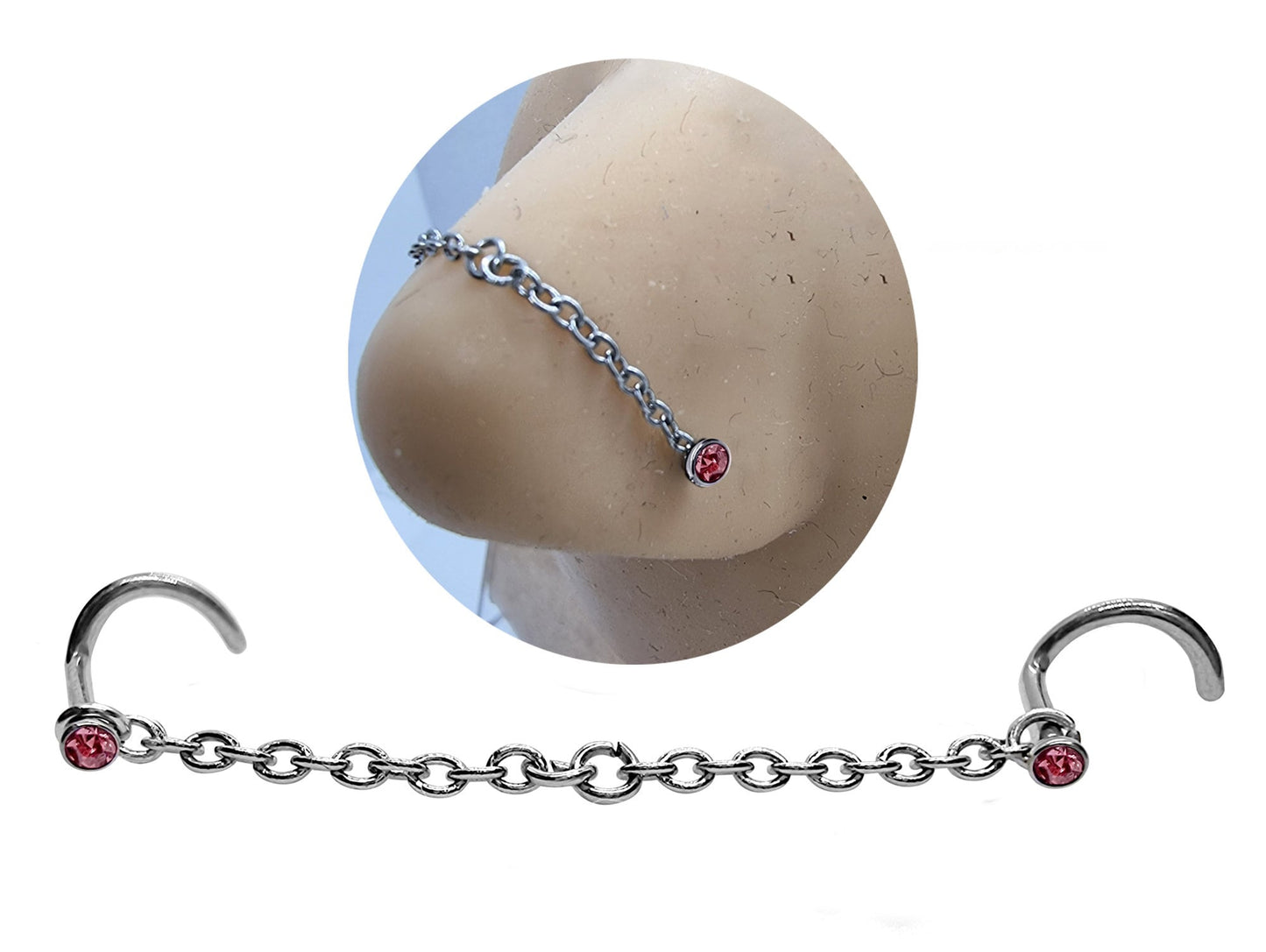 Nostril Screw Piercing, Nose Chain Hand Made Custom Size - Titanium Nasallang Piercing  with CZ Crystals -Nose Piercing, Nose Bridge Chain