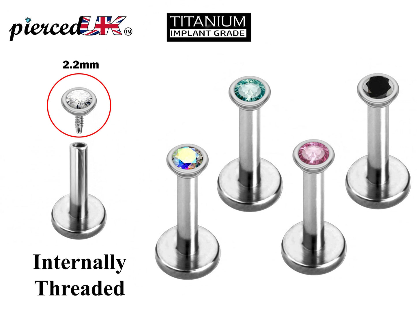 Titanium Lip Jewelry – Internally threaded Round Top Crystals– 16g, 14g  Labret Stud Piercing for Lip, Helix, Tragus, Cartilage