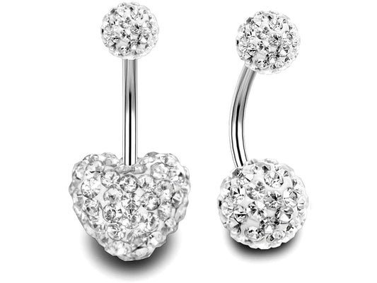 Belly Ring, Belly Button Rings - Glitter Ball and Heart Belly Bar Crystal for Navel Jewelry - 2pcs - 14g (1.6mm) Length is 6mm to 12mm